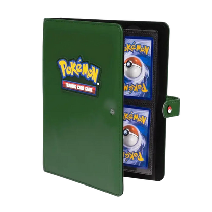 Ultra Pro green pokemon premium snap binder with stitched edge and red and white poké ball emblem on strap