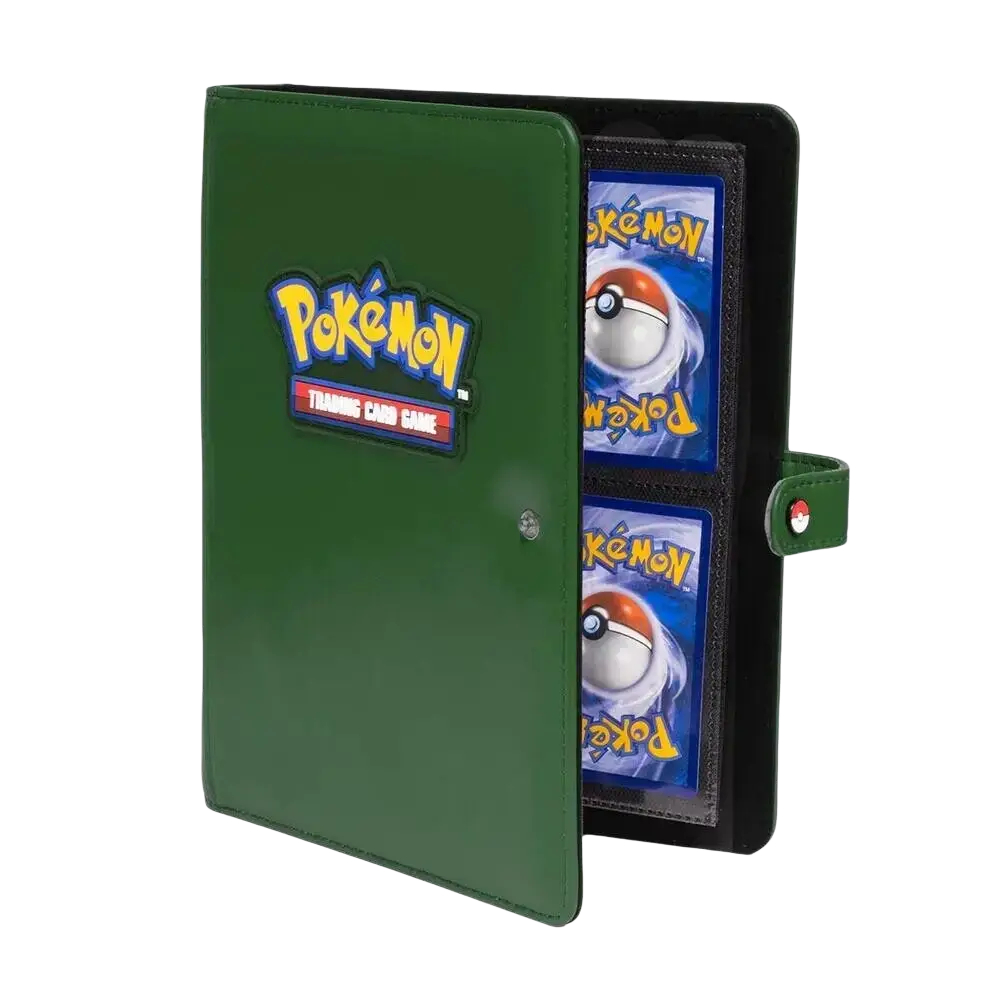 Ultra pro green pokemon premium snap binder with stitched edge and red and white poké ball emblem on strap