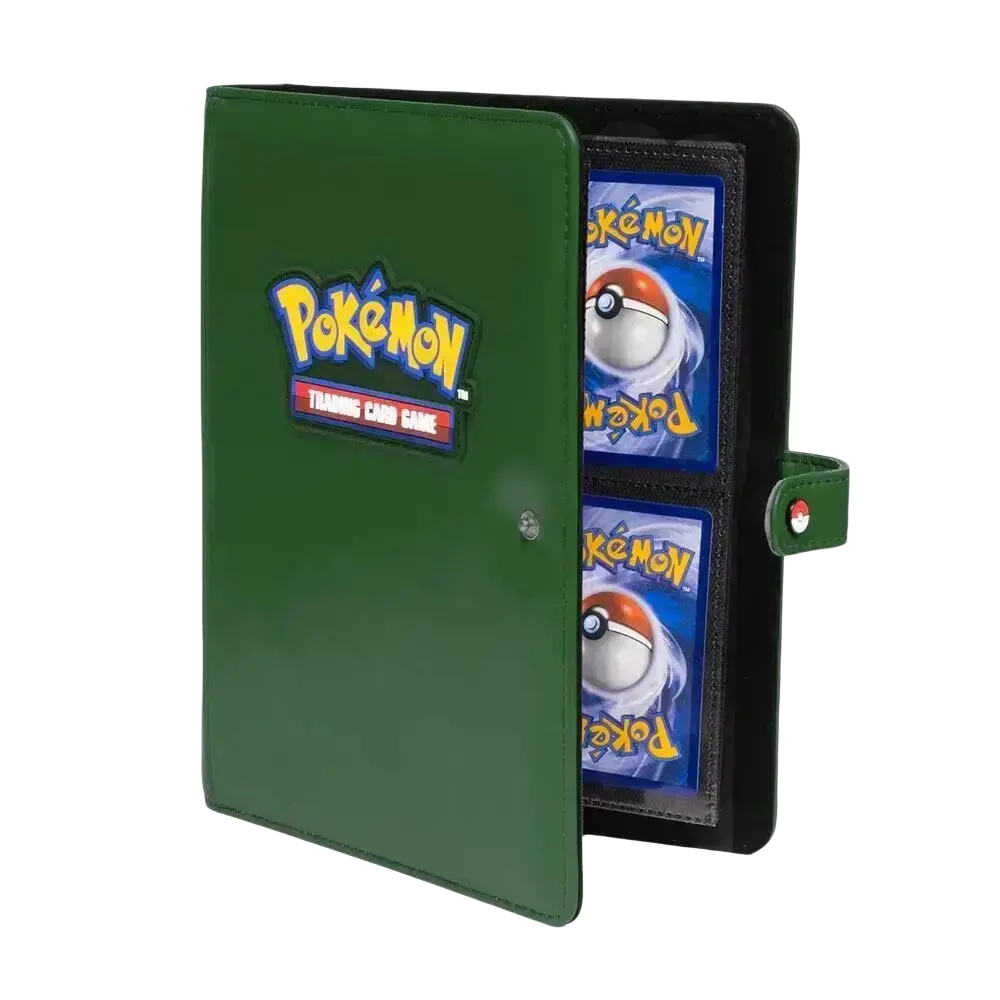 Ultra pro green pokemon premium snap binder with stitched edge and red and white poké ball emblem on strap