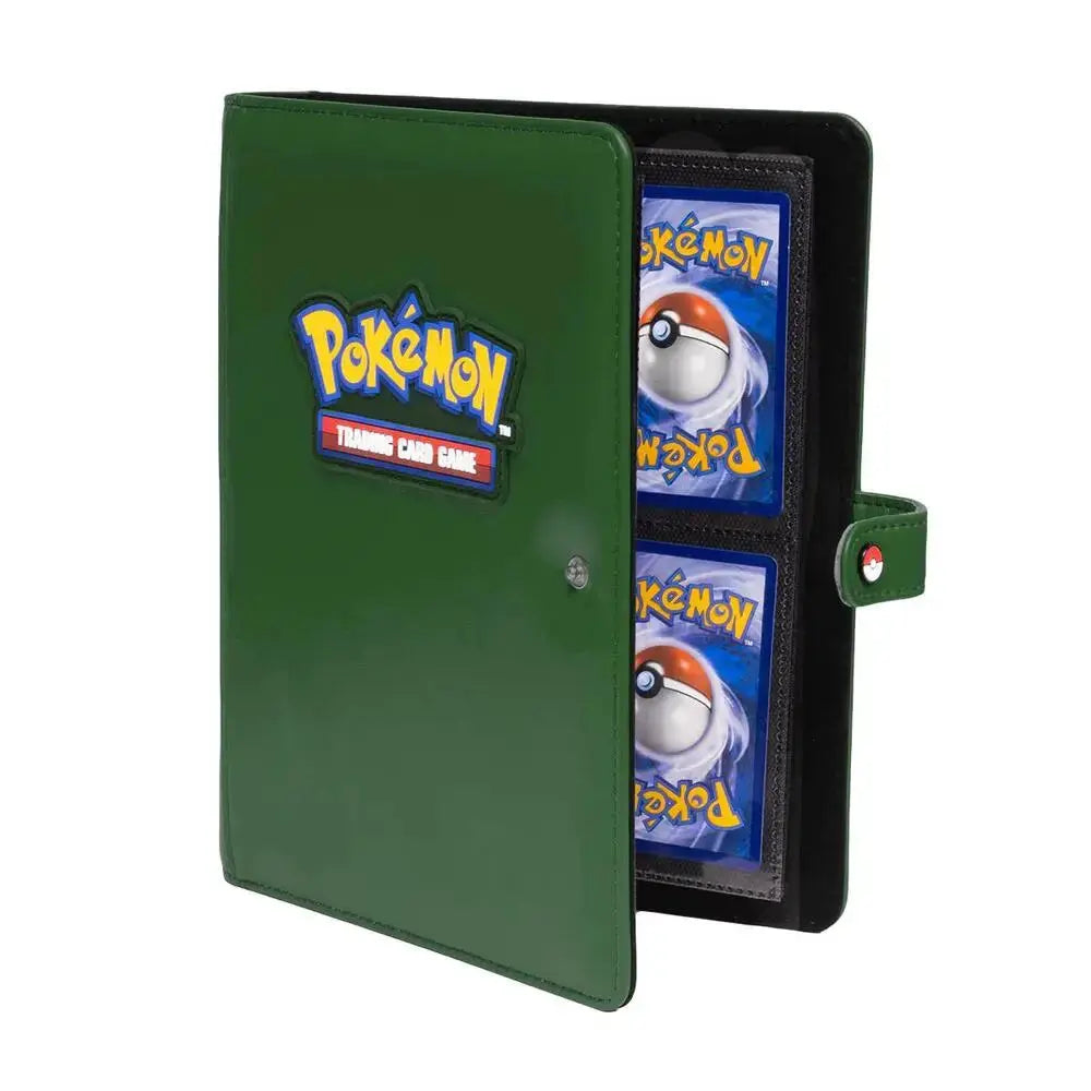 Ultra pro green pokemon premium snap binder with stitched edge and red and white poké ball emblem on strap