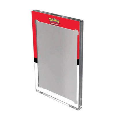 A clear acrylic display case with red and black accents, designed to hold and protect a collectible card.