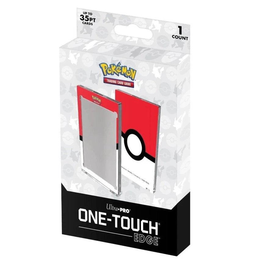 Red and white poké ball-themed ultra pro one-touch edge card protector in clear plastic packaging.
