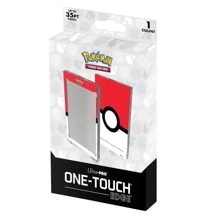Red and white poké ball-themed ultra pro one-touch edge card protector in clear plastic packaging.