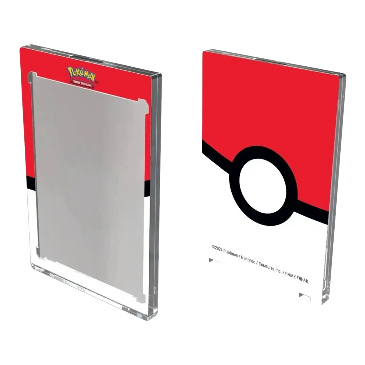 Red and white poké ball-themed transparent card holder with black circular design.
