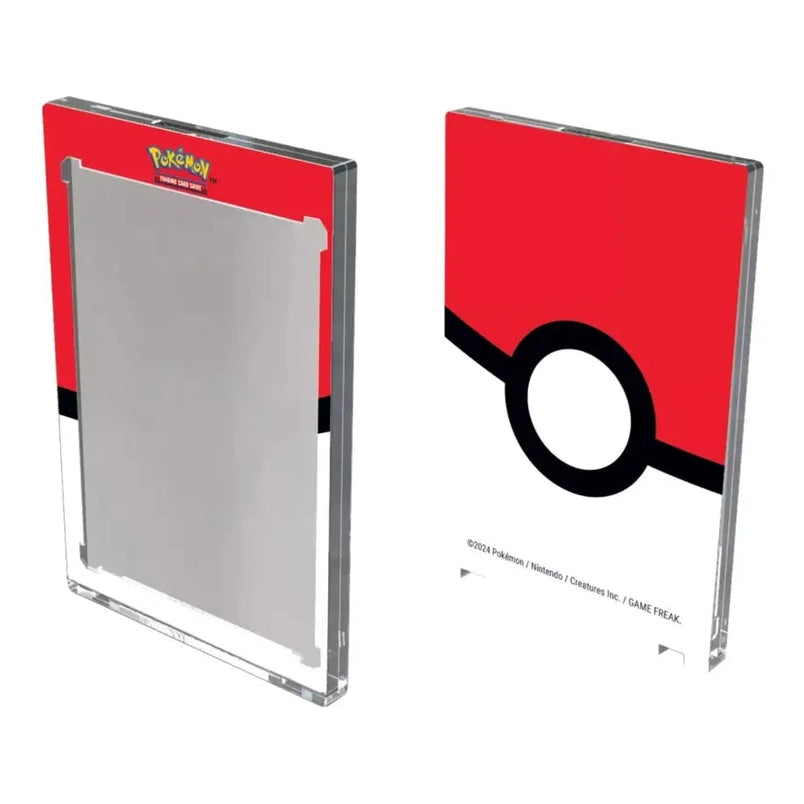 Two transparent acrylic display stands, each with a red and white Pokémon Poké Ball design.