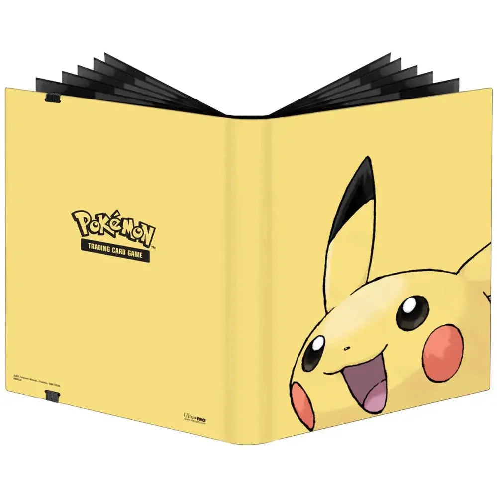 A yellow Pokémon trading card game binder featuring Pikachu.