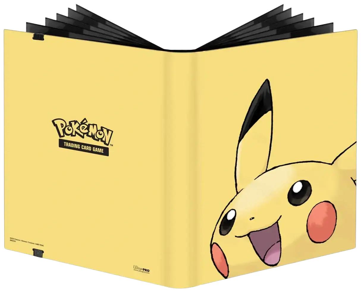 A yellow Pokémon trading card game binder featuring Pikachu.