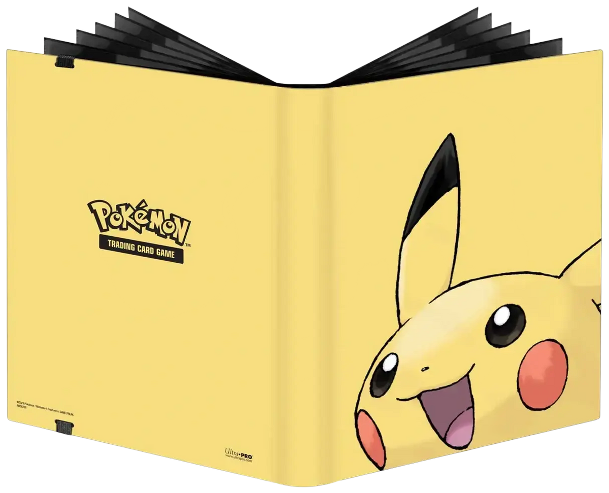 A yellow Pokémon trading card game binder featuring Pikachu.