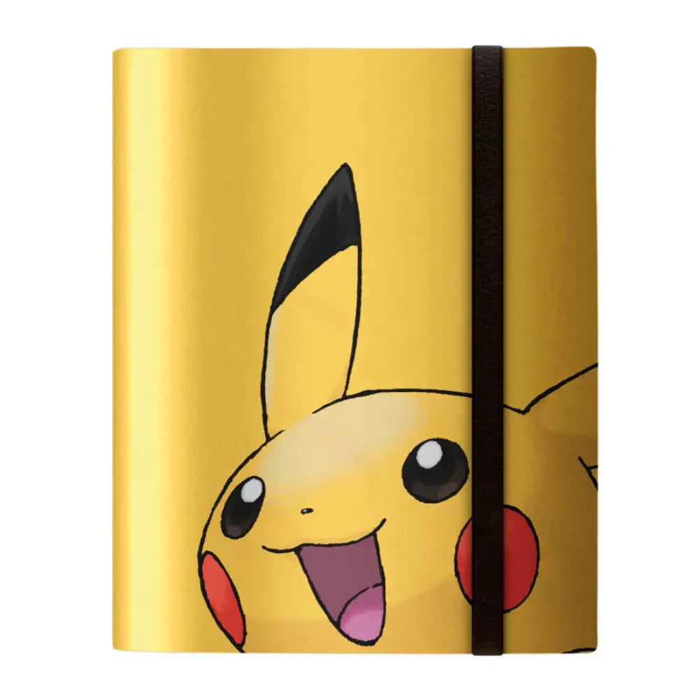 A yellow Pikachu-themed notebook or journal with a black elastic band closure.