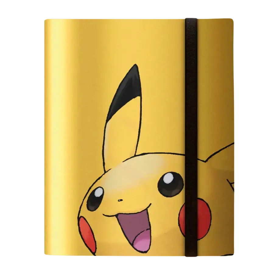 A yellow Pikachu-themed notebook or journal with a black elastic band closure.