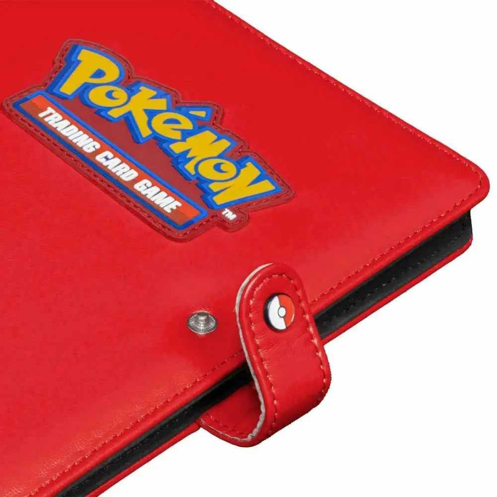 Red Pokemon Trading Card Game binder with a Pokeball snap closure.