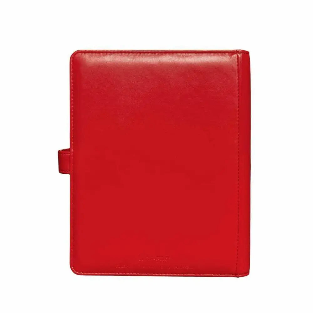 Red leather planner or binder with a tab closure.