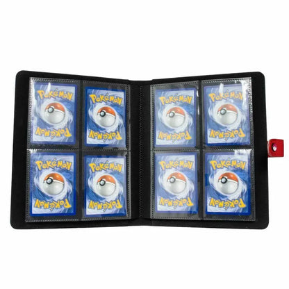 An open black binder filled with eight sleeved Pokémon cards, displaying their blue backs with a white Poké Ball design.