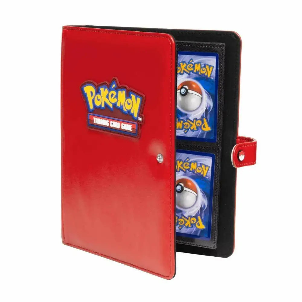 Red Pokémon Trading Card Game binder with two cards visible.