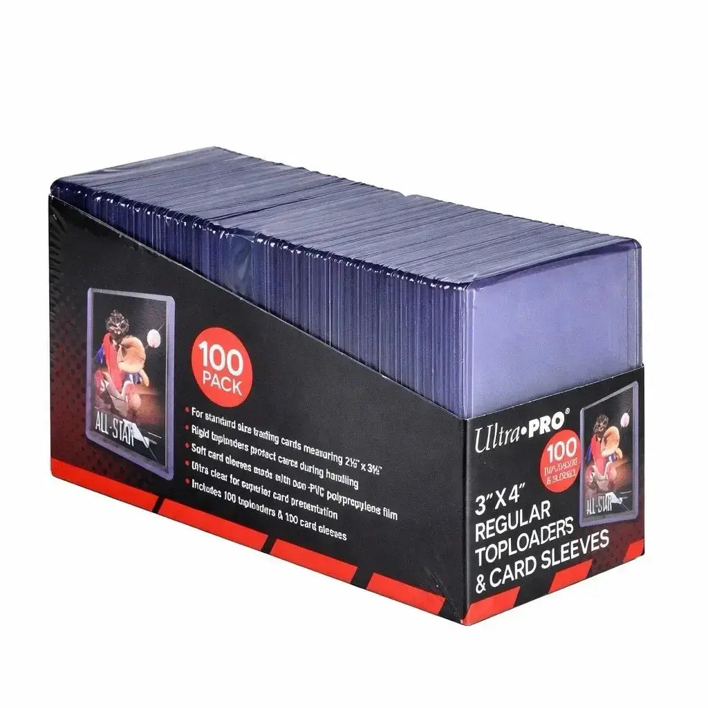 A box of ultra pro standard 100 top loaders and 100 purple penny sleeves for standard-size trading cards