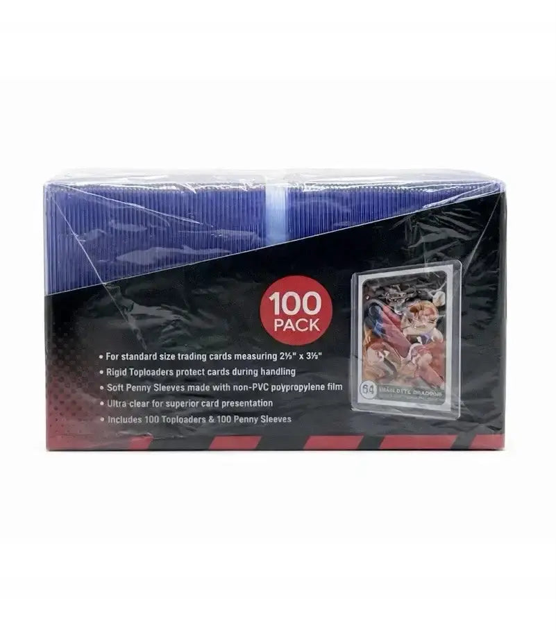 A 100-pack of ultra pro standard blue rigid toploaders and clear soft penny sleeves for standard-size trading cards