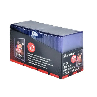 A black and red ultra pro standard box containing 100 top loaders and 100 penny sleeves for standard-size trading cards with blue film