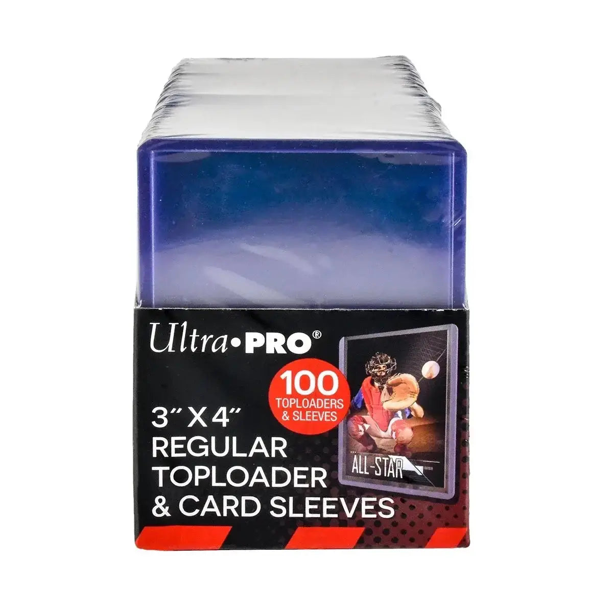 A translucent blue plastic container holding 100 ultra pro standard penny sleeves and 100 top loaders for standard-size trading cards