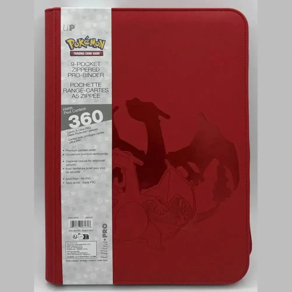 Red ultra pro zippered 9-pocket pro binder with embossed charizard design from pokemon elite series charizard collection