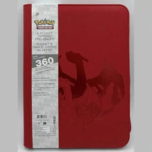 Red ultra pro zippered 9-pocket pro binder with embossed charizard design from pokemon elite series charizard collection