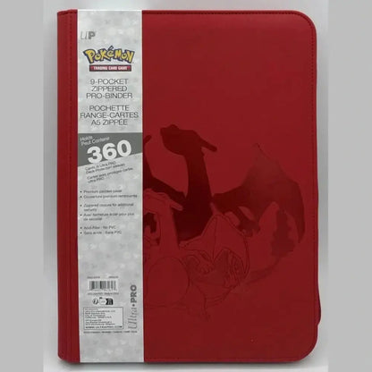 Red ultra pro zippered 9-pocket pro binder with embossed charizard design from pokemon elite series charizard collection