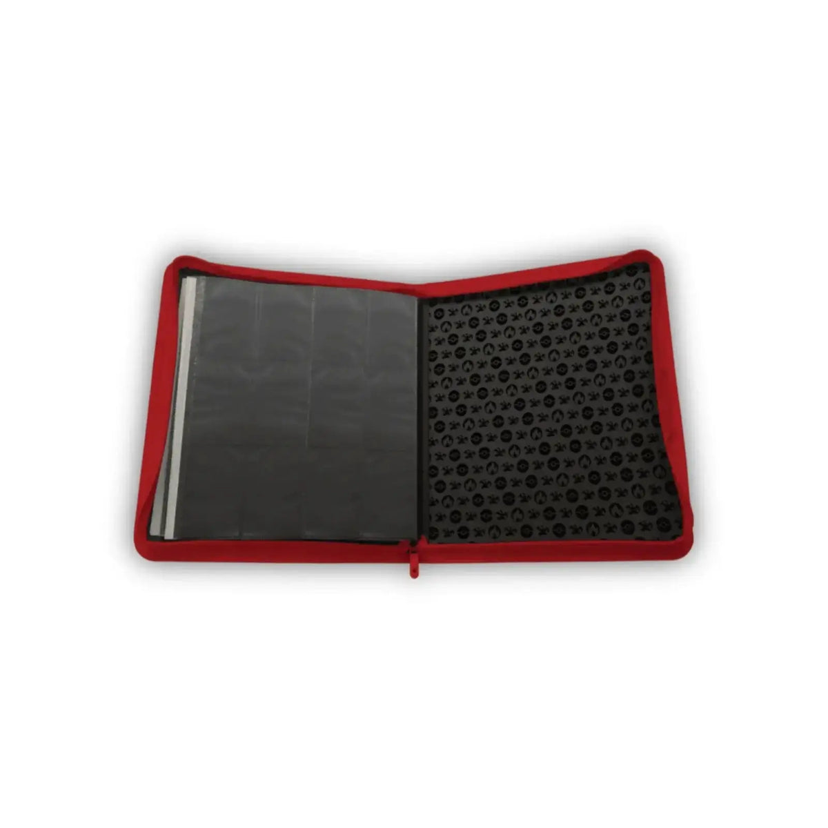 Red fabric-bound ultra pro zippered pro binder with black pages featuring circular logos for pokemon elite series charizard