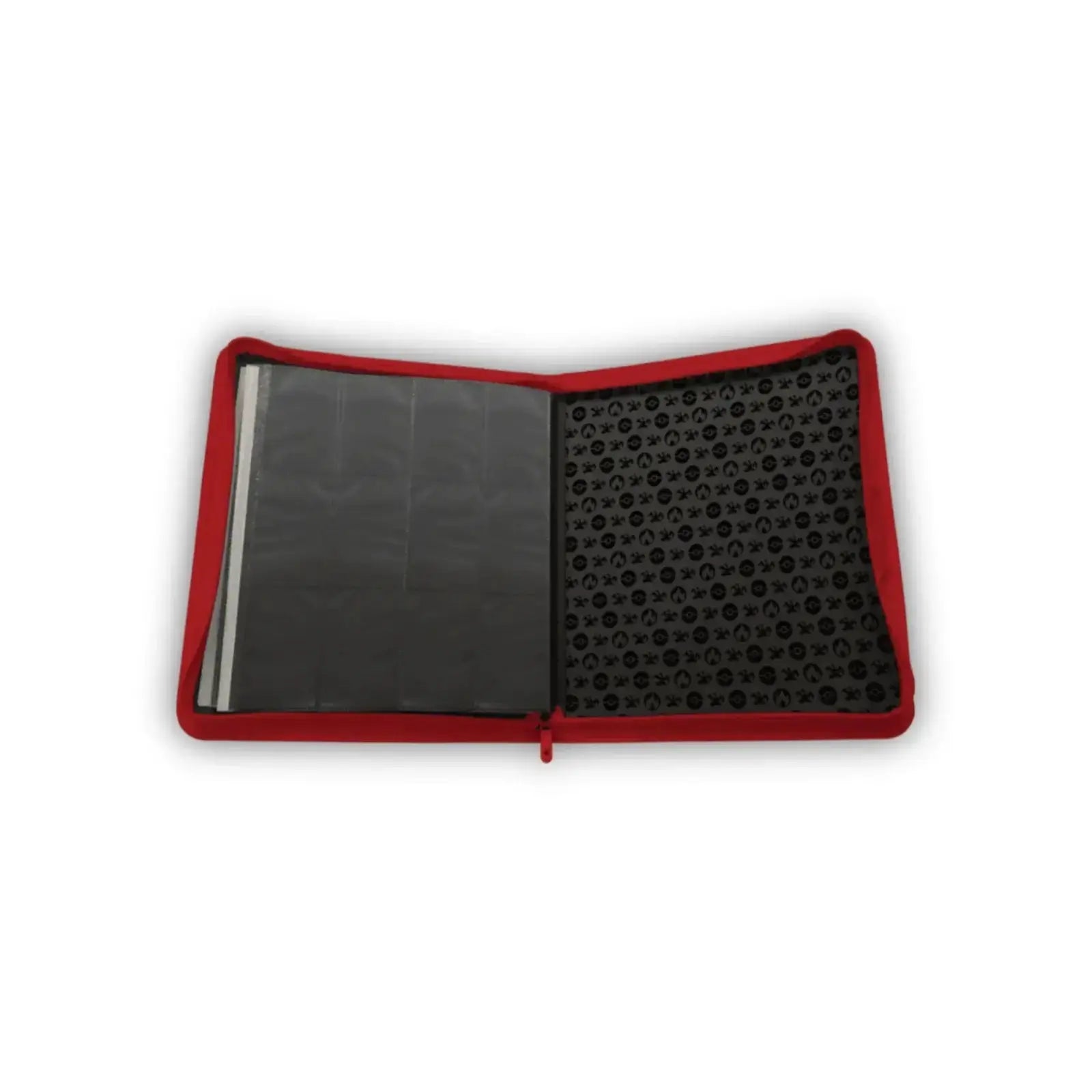 Red fabric-bound ultra pro zippered pro binder with black pages featuring circular logos for pokemon elite series charizard