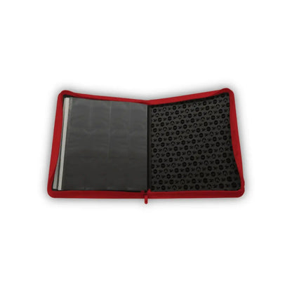Red fabric-bound ultra pro zippered pro binder with black pages featuring circular logos for pokemon elite series charizard