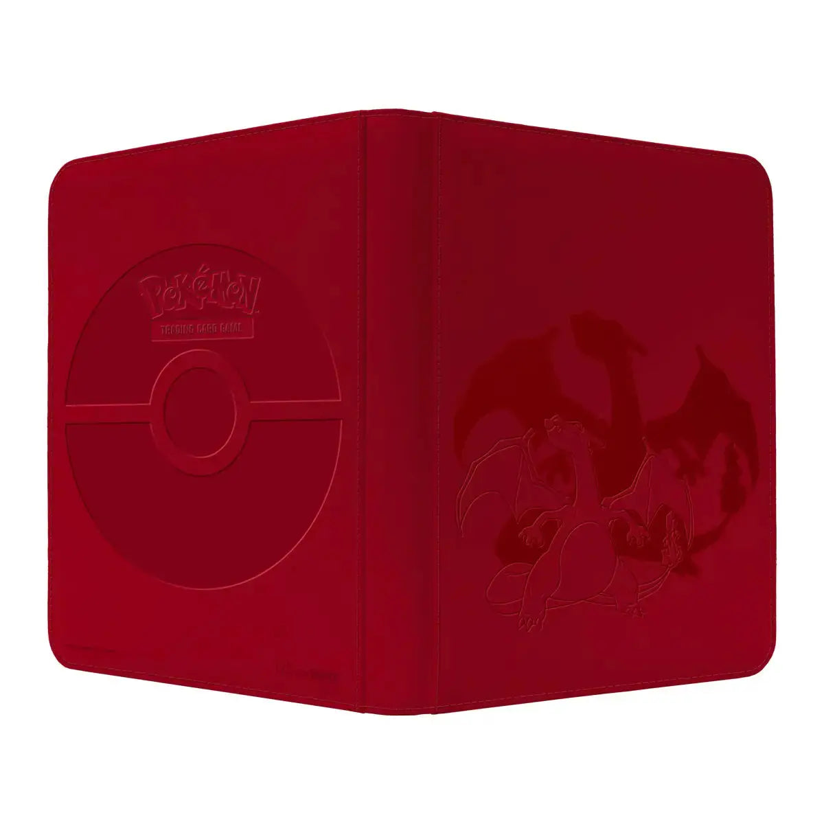 Red ultra pro zippered card holder featuring embossed poké ball and dragon design from pokemon elite series charizard