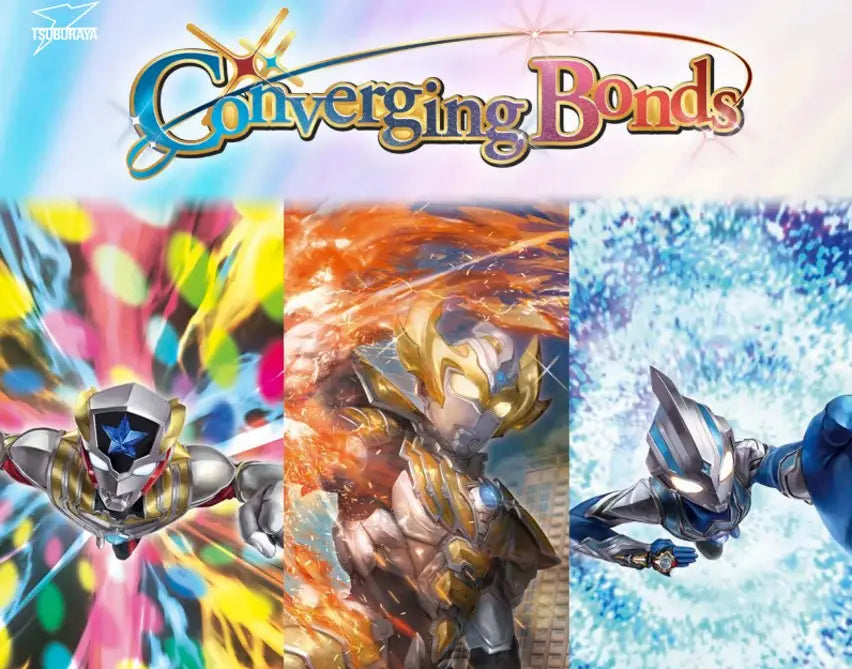 Three ultraman characters with unique metallic armor in silver gold golden orange and blue gray on ultraman card game booster box b08