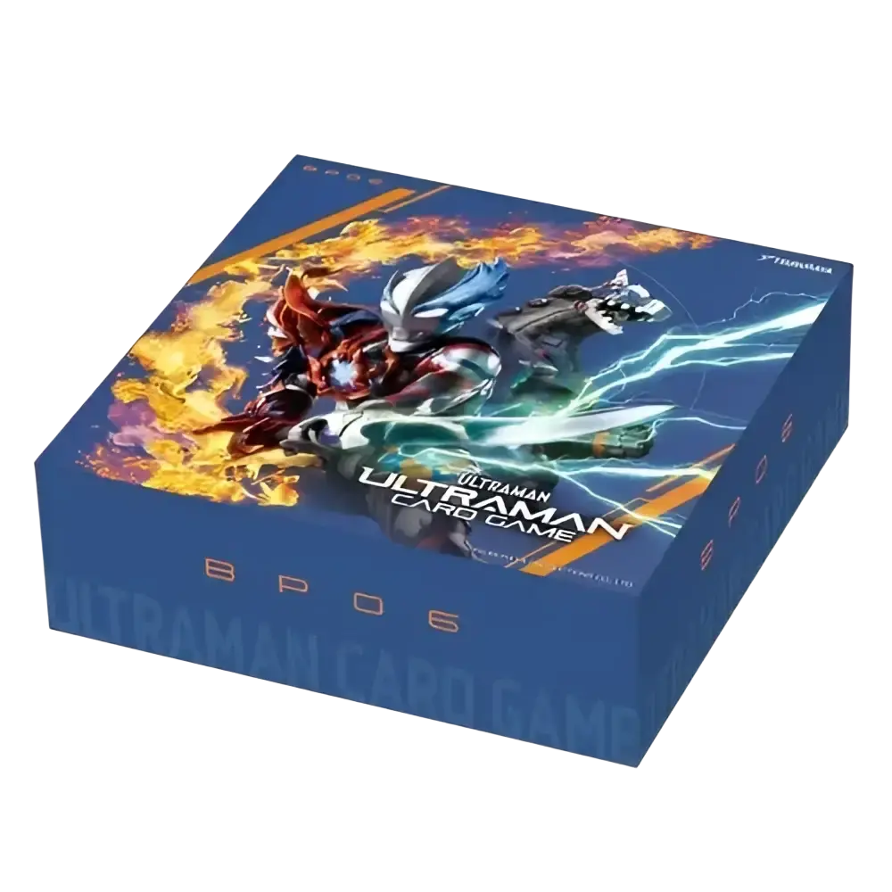 Blue cardboard ultraman card game booster box featuring vibrant argent allies and bestial blades artwork