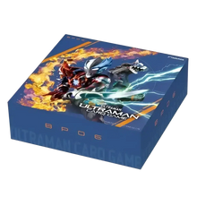 Blue cardboard ultraman card game booster box featuring vibrant argent allies and bestial blades artwork