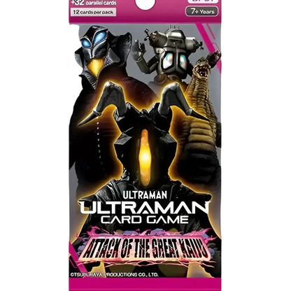 Ultraman card game booster box bp07 featuring a pink and black pack with three great kaiju monsters with glowing eyes