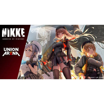 Nikke game poster with characters in black and white uniforms, red accents, futuristic design.
