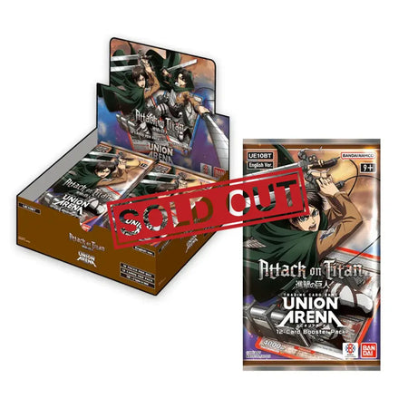 A box of Attack on Titan Union Arena trading card booster packs.