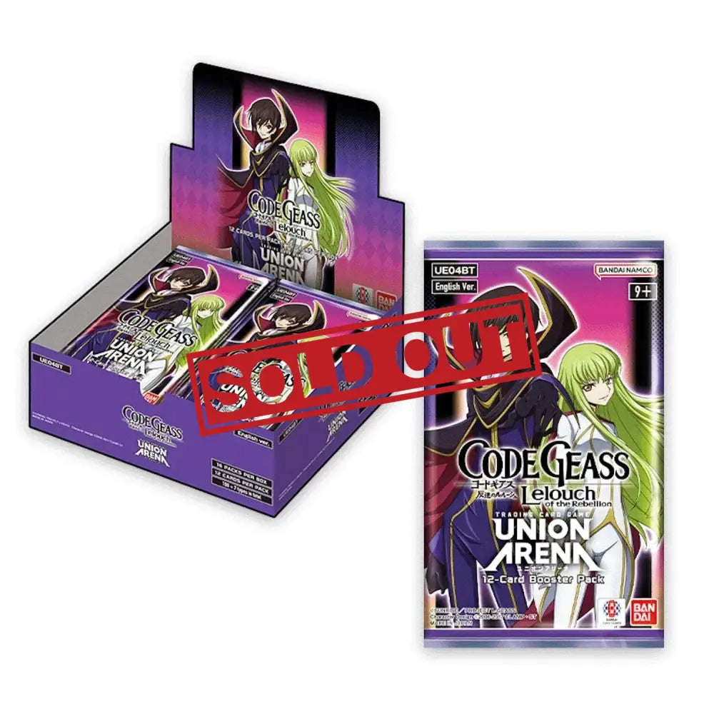 A display box of Code Geass Union Arena trading card booster packs.
