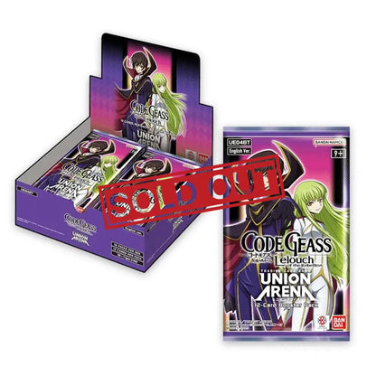 A display box of Code Geass Union Arena trading card booster packs.