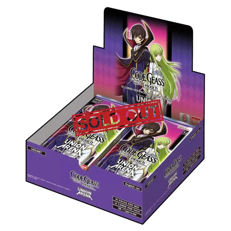 A ’Sold Out’ display box of Code Geass Union Arena trading card packs.