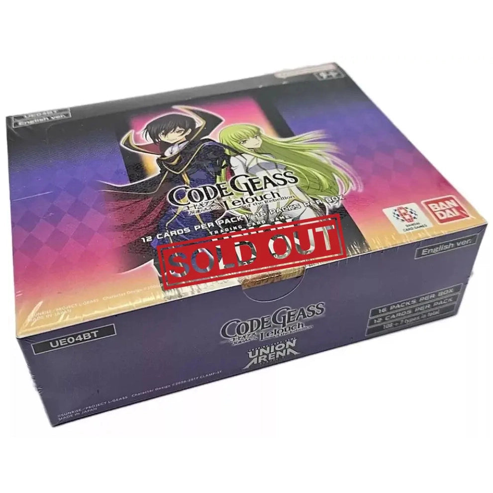 A sealed booster box of Code Geass trading cards.