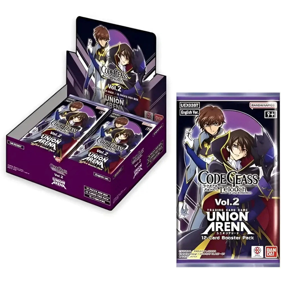 A display box and a single pack of Code Geass anime trading card booster packs.