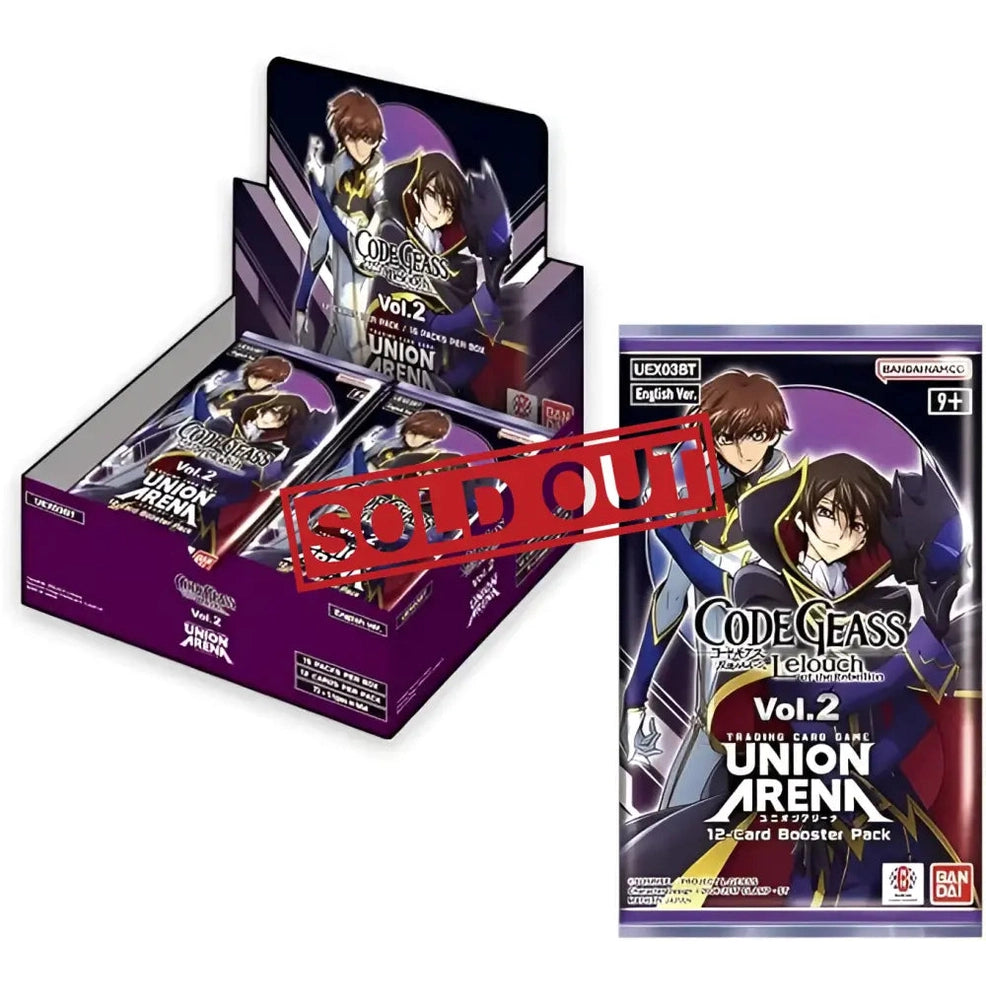 A display box and a single pack of Code Geass anime trading card booster packs.