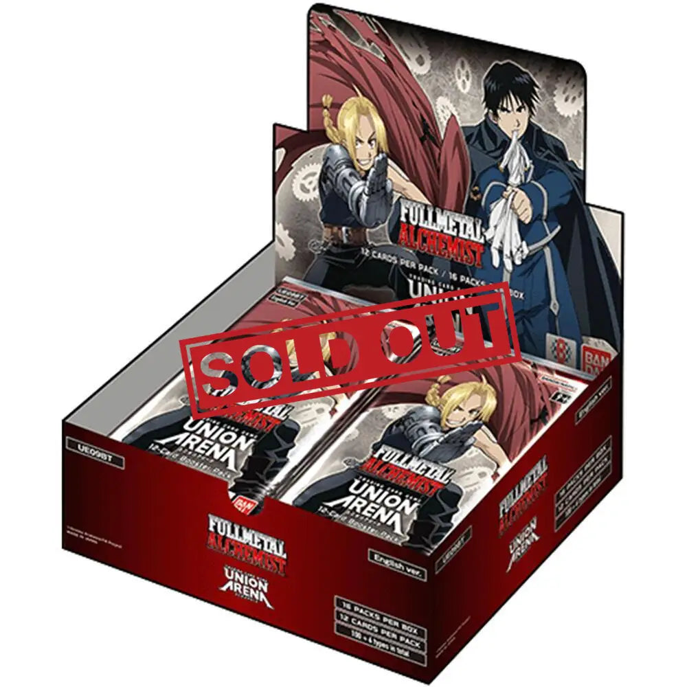 A display box of ’Fullmetal Alchemist Union Arena’ trading card booster packs.