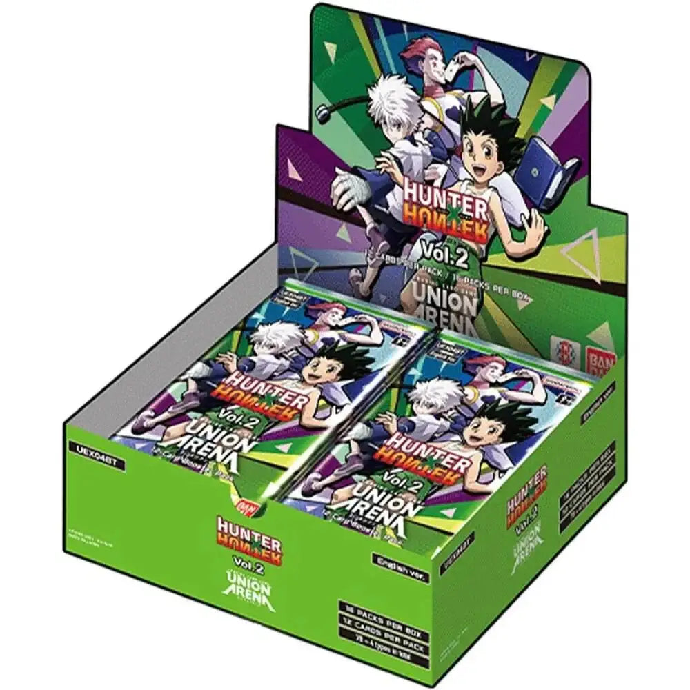 A box of Hunter x Hunter trading card game booster packs.