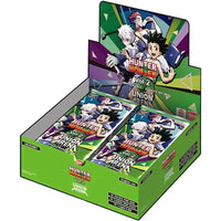 A box of Hunter x Hunter trading card game booster packs.