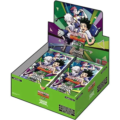 A box of Hunter x Hunter trading card game booster packs.