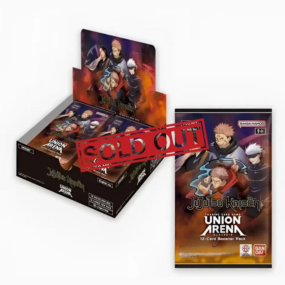A display box and individual pack of Jujutsu Kaisen Union Arena trading card booster packs.