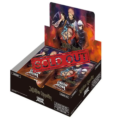 A display box containing packs of Jujutsu Kaisen Union Arena trading cards.