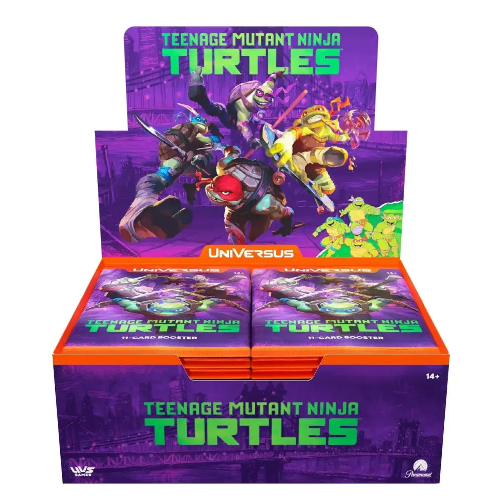 A Teenage Mutant Ninja Turtles Universus 11-card booster pack display box.