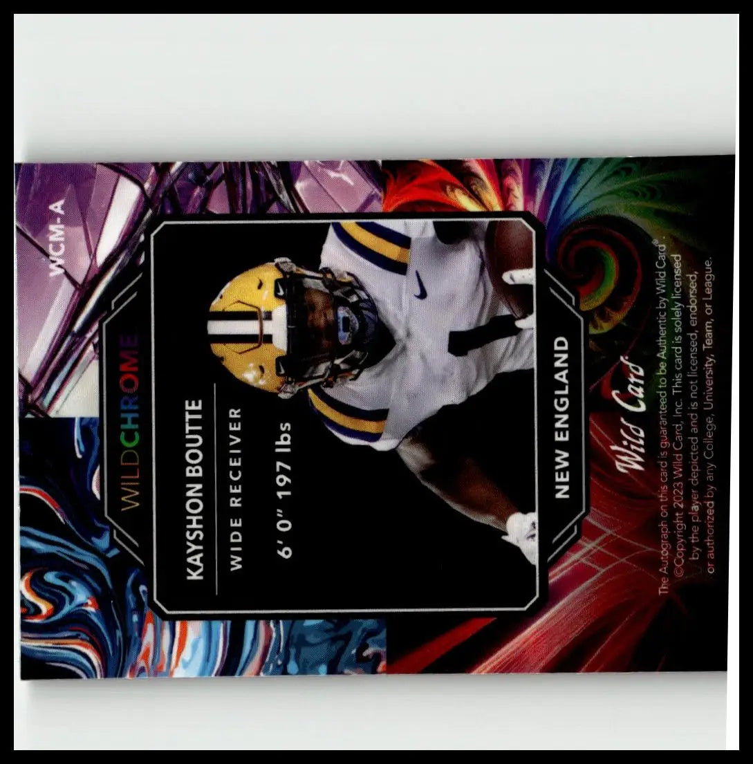 This wild chrome 4/8 trading card features kayshon boutte in new england uniform with holographic swirls, ideal for toys and games collectors