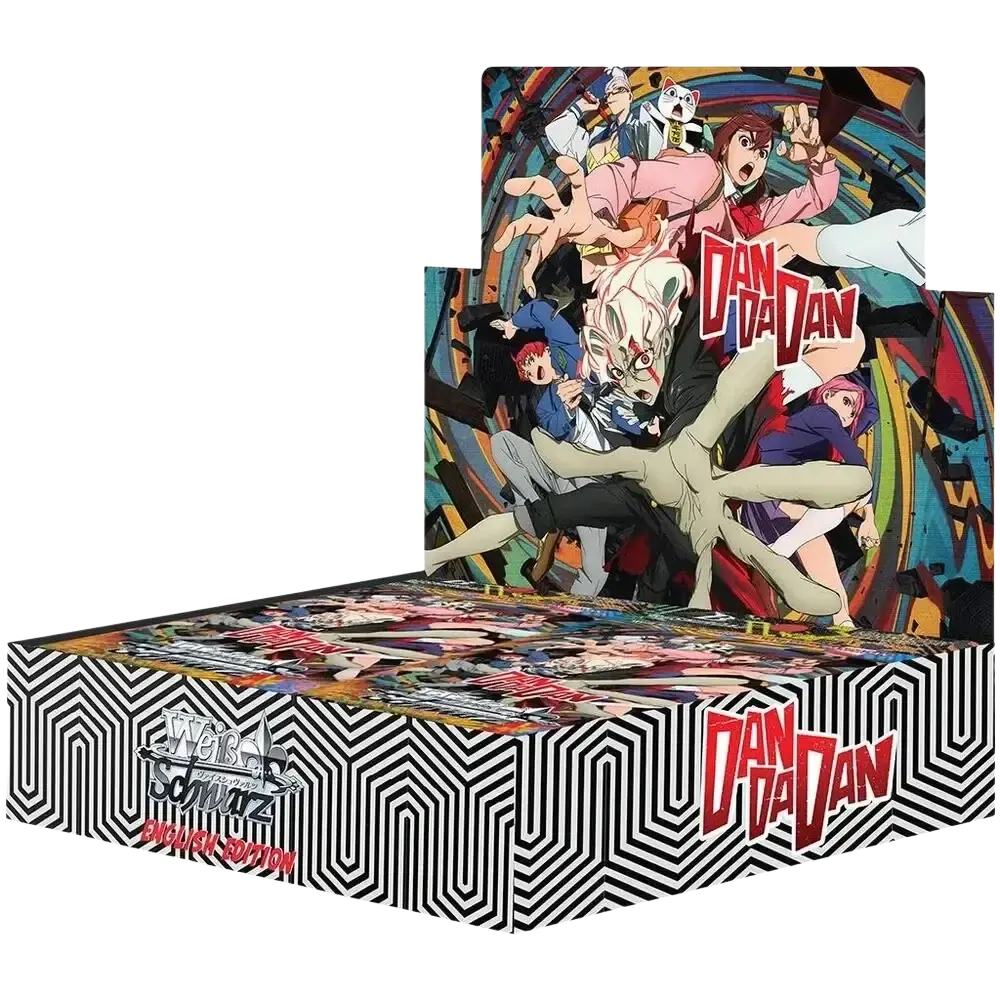 The weiss schwarz dandadan english booster box 1st edition features a vibrant anime illustration with red and black lettering